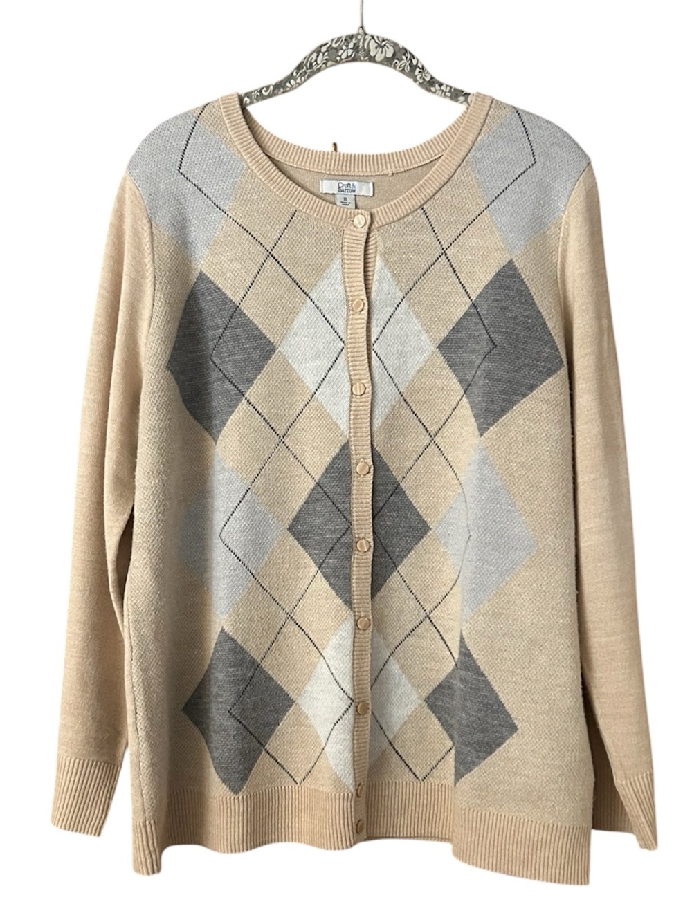 Croft & Barrow Cardigan XL Beige Gray Argyle Button Front Grandma Cottagecore